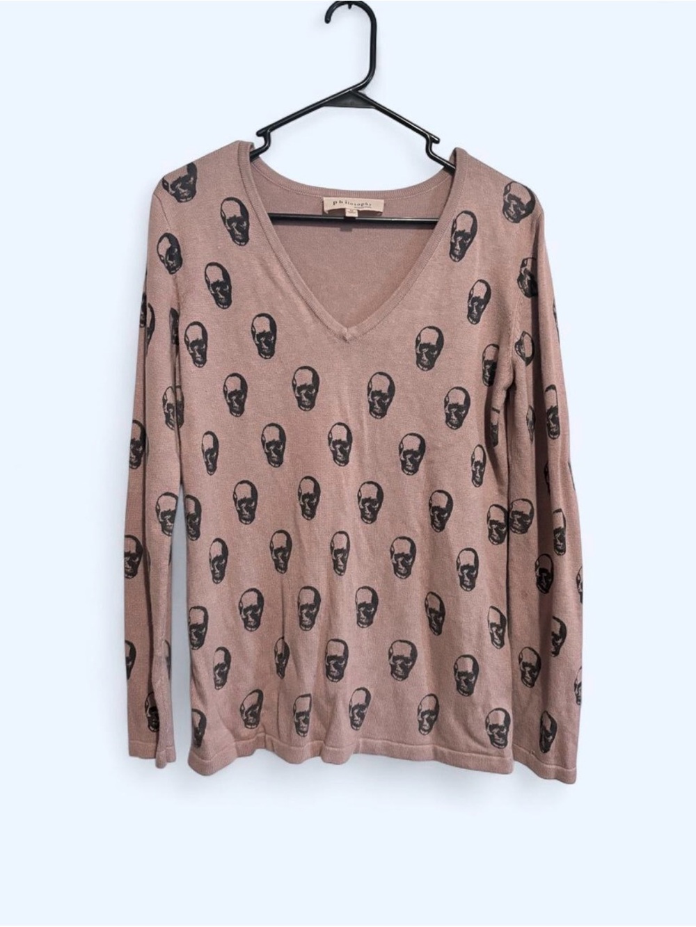 Philosophy Dusty Rose and Black Skull Print V-Neck Sweater